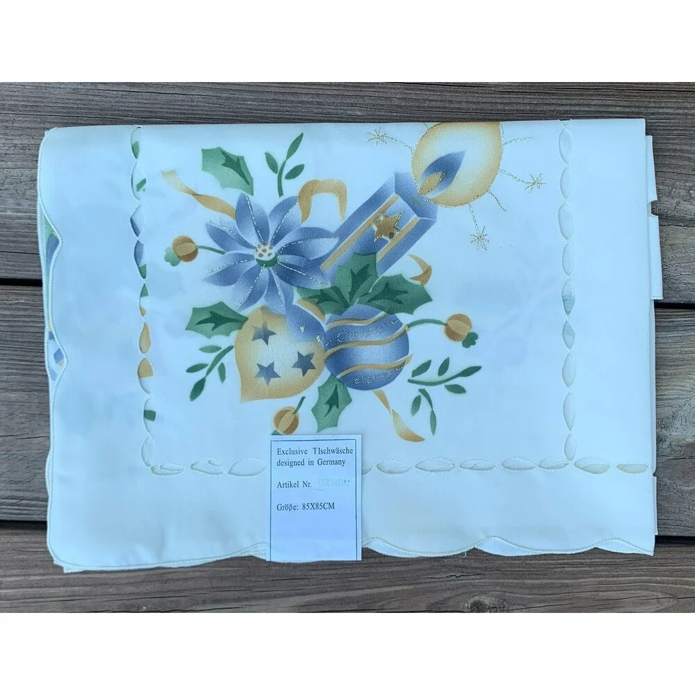 Vintage German Cream Square Christmas Candles Tablecloth Topper  33” X 33”